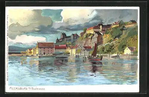 Künstler-AK Meersburg a. B., Ortsansicht mit Hafen