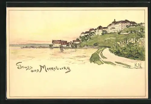 Künstler-AK Meersburg, Ortsansicht mit Bodensee