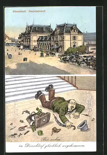 AK Düsseldorf, Hauptbahnhof mit Karikatur