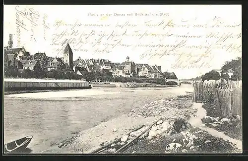 AK Ulm a. d. D., Flusspartie mit Blick auf die Stadt