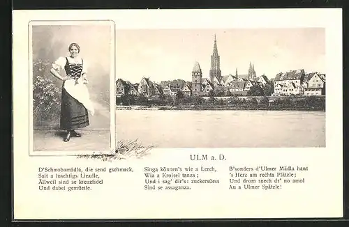 AK Ulm a. d. D., Frau in Tracht, Panorama mit Dom