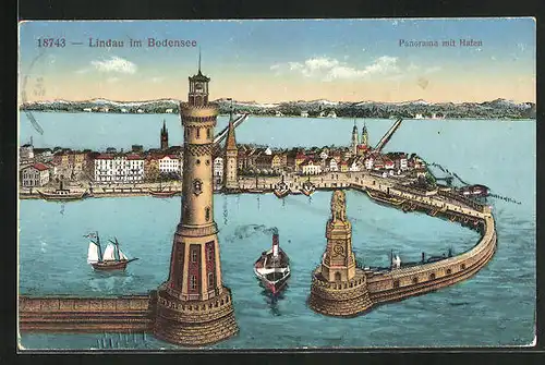 AK Lindau im Bodensee, Panorama mit Hafen, Dampfer