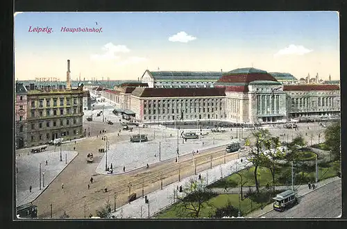 AK Leipzig, Strassenbahnen am Hauptbahnhof