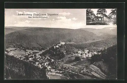 AK Schwarzburg i. Th., Ortsansicht vom Trippstein, Das Borkenhäusschen