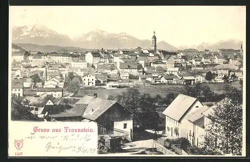 AK Traunstein, Ortsansicht mit Kirchturm