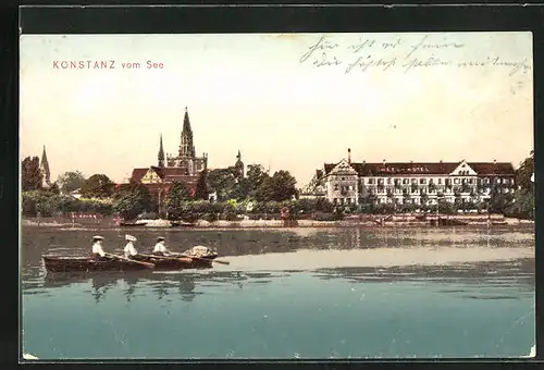 AK Konstanz, Ortsansicht mit Hotel vom Wasser aus
