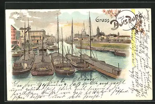 Lithographie Duisburg, Uferpartie mit Booten