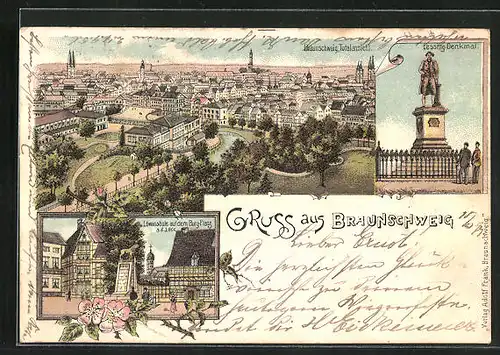 Lithographie Braunschweig, Totalansicht, Löwensäule auf dem Burg-Platz, Lessing-Denkmal