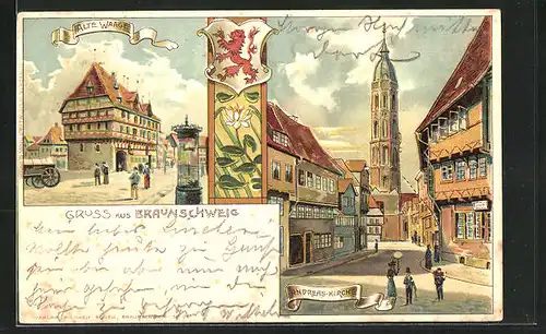 Lithographie Braunschweig, Gasthaus Alte Waage mit Litfasssäule, Andreas-Kirche