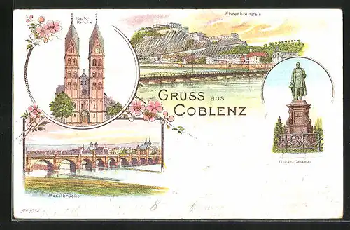 Lithographie Koblenz, Ehrenbreitstein, Kastor Kirche, Moselbrücke