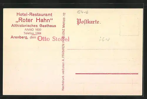 Künstler-AK Arenberg, Hotel-Restaurant Roter Hahn, Urkunde mit Siegel