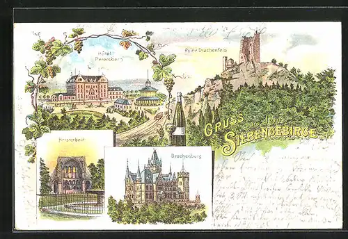 Lithographie Königswinter /Siebengebirge, Hôtel Petersberg, Drachenburg, Ruine Drachenfels