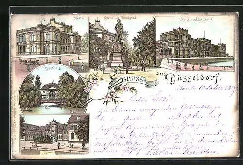 Lithographie Düsseldorf, Gasthaus Jägerhof, Kunst-Akademie, Cornelius-Denkmal