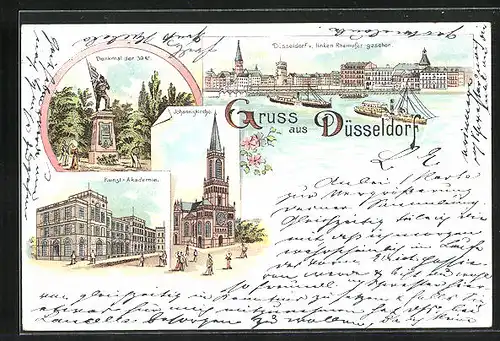 Lithographie Düsseldorf, Kunst-Akademie, Johanniskirche, Denkmal der 39er