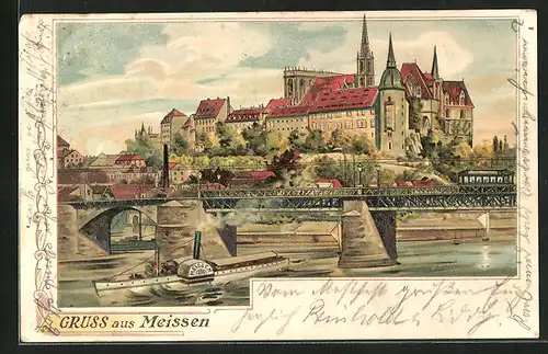 Lithographie Meissen, Brücke gegen Albrechtsburg