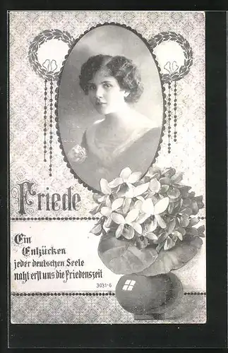 AK Friede, Ein Entzücken jeder deutschen Seele..., Frauenportrait, Blumen in einer Vase, Friedensbewegung