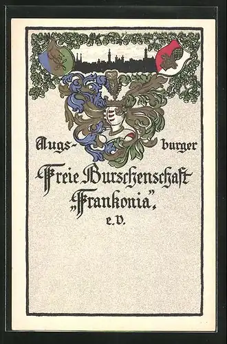 Künstler-AK Augsburg, Augsburger Freie Burschenschaft Frankonia e. V., Ritterhelm u. Studentenwappen, Stadtsilhouette