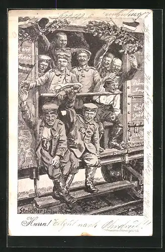 Künstler-AK sign. Strieffler: Soldaten in Uniform im Zug, Soldatenliebe