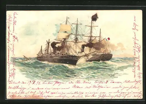 Künstler-AK Kampf zwischen Meteor und Bouvet, Kriegsschiff