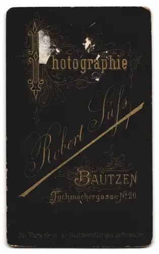 Fotografie Robert Süls, Bautzen, Tuchmachergasse 20, junger bürgerlicher Mann mit gepunkteter Fliege