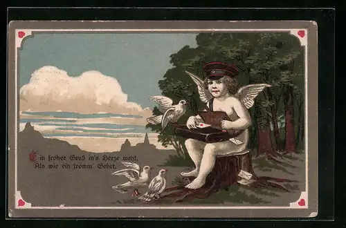 AK Engel als Briefträger und weisse Tauben