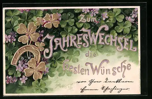 Präge-AK Neujahrsgruss mit Hufeisen und Glücksklee