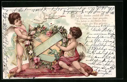 AK Amor mit vom Pfeil durchbohrten Blumenherz