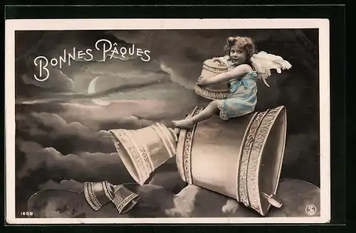 AK Osterengel reitet auf einer Glocke