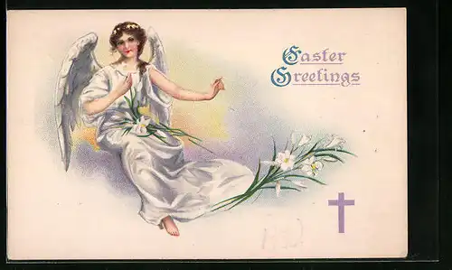 AK Osterengel mit weissen Lilien