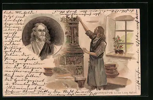Künstler-AK Oberammergau, Passionsspiele, Christus-Darsteller Anton Lang am Kachelofen