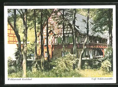 AK Karlsbad, Cafe Schützenmühle in der Frühlingssonne