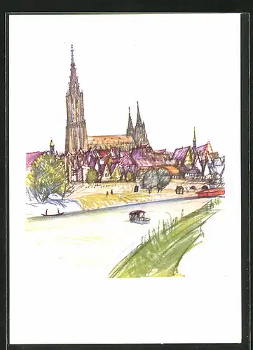 Künstler-AK Ulm an der Donau, Ortspartie mit Dom