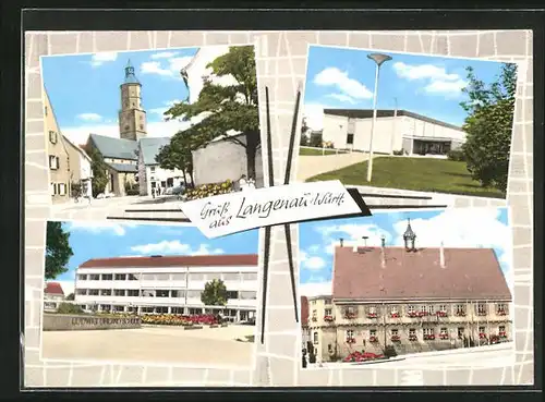 AK Langenau /Württ, Ludwig Uhland Schule & Kirche