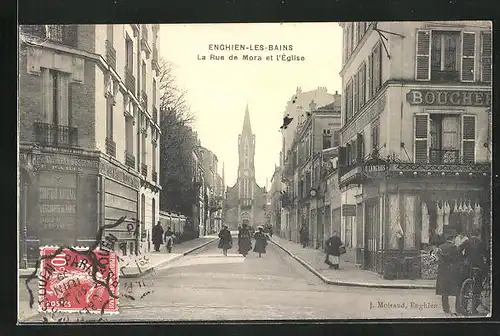 AK Enghien-les-Bains, La Rue de Mora et l`Église
