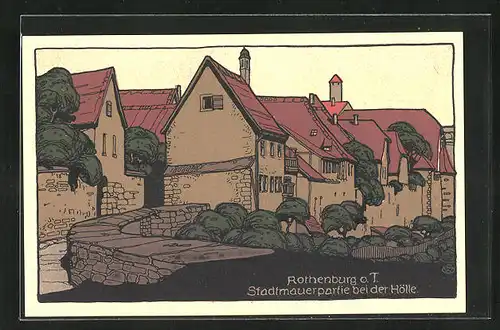 Steindruck-AK Rothenburg o. T., Stadtmauerpartie bei der Hölle