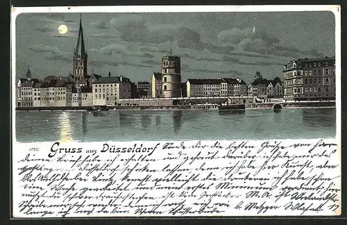 Lithographie Düsseldorf, Uferpartie mit Kirche bei Mondschein