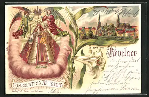 Lithographie Kevelaer, Ortspartie mit Kirchen, Gnadenbild