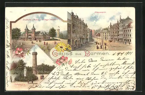 Lithographie Barmen, Stadthalle u. Plateau mit Krieger Denkmal, Tölleturm, Altenmarkt mit Strassenbahn