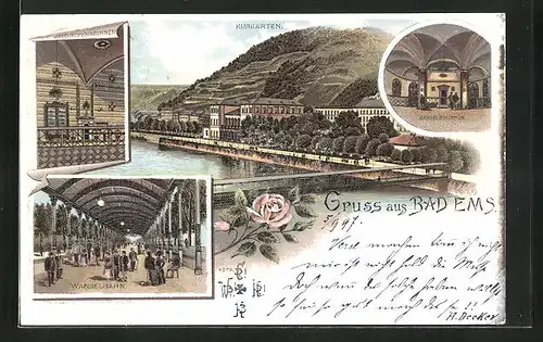 Lithographie Bad Ems, Kurgarten, Kesselbrunnen, Wandelbahn
