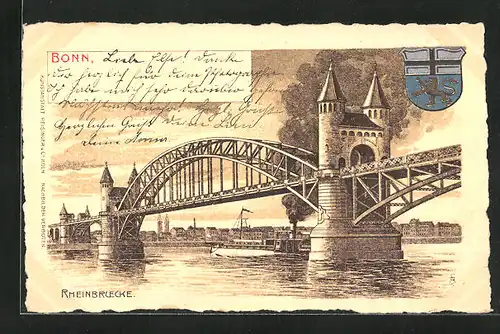 Lithographie Bonn, Rheinbrücke mit Wappen