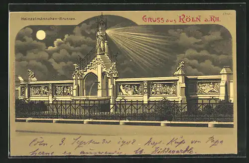 Künstler-AK Köln a. Rh., Heinzelmännchen-Brunnen bei Mondschein