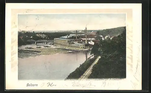 AK Golzern, Uferpartie mit Brücke