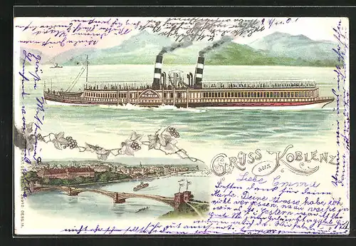 Lithographie Koblenz, Teilansicht mit Brücke, Dampfer Wilhelm in Fahrt