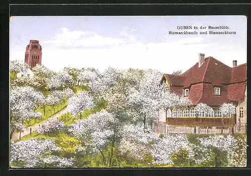 AK Guben, Bismarckbaude und Bismarckturm in der Baumblüte