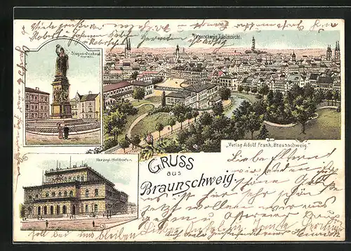 Lithographie Braunschweig, Totalansicht, Herzogliches Hoftheater, Sieges-Denkmal