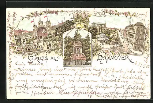 Lithographie Hannover, Tivoli, Krieger-Denkmal, Georgstrasse