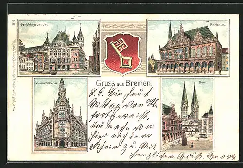 Lithographie Bremen, Gerichtsgebäude, Baumwollbörse, Dom mit Strassenbahn
