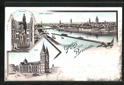 Lithographie Bremen, Totalansicht, Dom, Roland