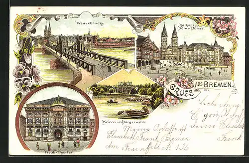 Lithographie Bremen, Meierei im Bürgerwalde, Tivoli-Theater, Rathaus, Dom u. Börse