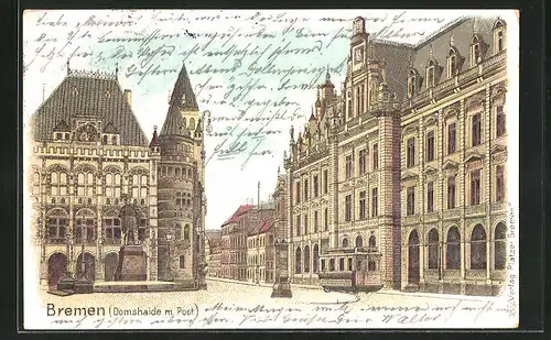 Lithographie Bremen, Domshaide mit Post und Denkmal, Strassenbahn